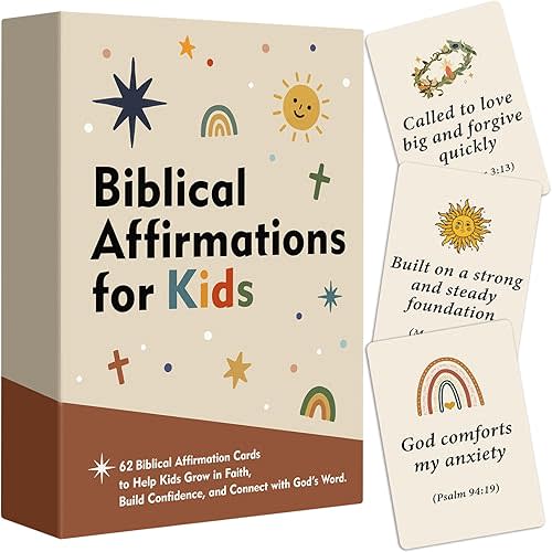 Biblical Affirmations for Kids, 62 Scripture Cards for Children, Christian Gifts For Kids, Bible Study, Kids Encouragement Cards, Kids Bible Affirmation Cards, Religious Spiritual Gift for Children