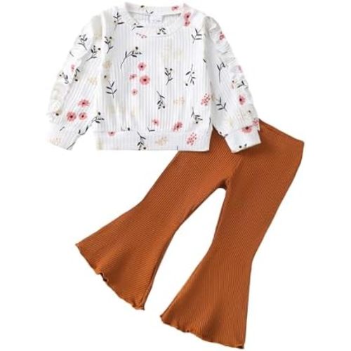 Renotemy Toddler Baby Girl Clothes Fall Winter Outfits, Ruffle Sleeve Crew Neck Sweatshirts Flare Pants Set 12Months-4 Year