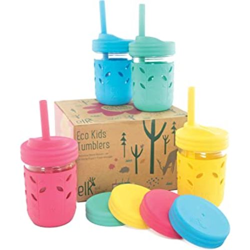Elk and Friends Kids & Toddler Cups | The Original Glass Mason jars 8 oz with Silicone Sleeves & Silicone Straws with Stoppers | Smoothie Cups | Spill Proof Sippy Cups for Toddlers