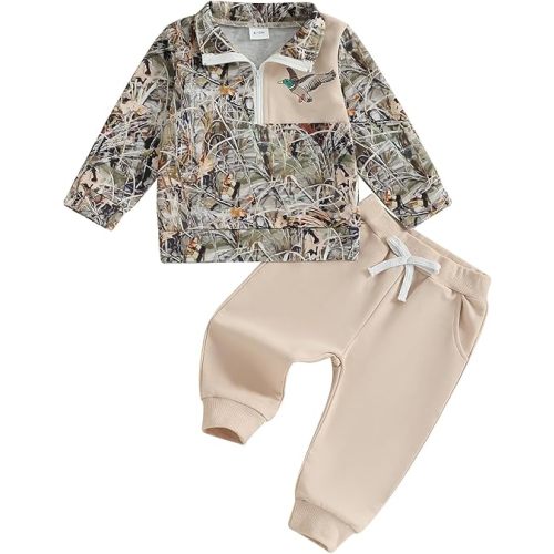 Gueuusu Toddler Baby Boy Girl Hunting Outfit Mallard Duck Embroidery Quarter Zip Collared Shirt Long Pants Set Clothes