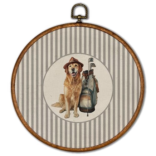 KSDUT Vintage Dog Golden Retriever Golf Wall Art Decor - Retro Sports Trendy Wall Art Canvas Frame Hanging Prints, Nursery Sports Gallery Round Artwork Decor for Boys Room Home Decorations 10"x10"
