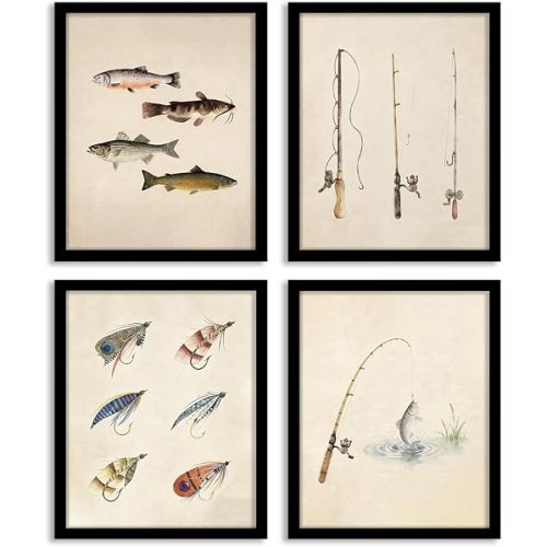DSHFG Kids Boys Nursery Vintage Fishing Wall Art, Rustic Retro Fishing Wall Decor for Lake House Cabin Lodge, Nursery Bathroom Playroom Wall Art Posters Fish Rod Lure Prints Set of 4, 8x10 Unframed