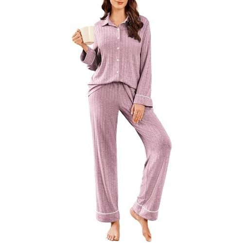 Ekouaer Womens Pajama Sets Long Sleeve Ribbed Knit Lounge Set Button Down Soft 2 Piece Pjs With Pockets