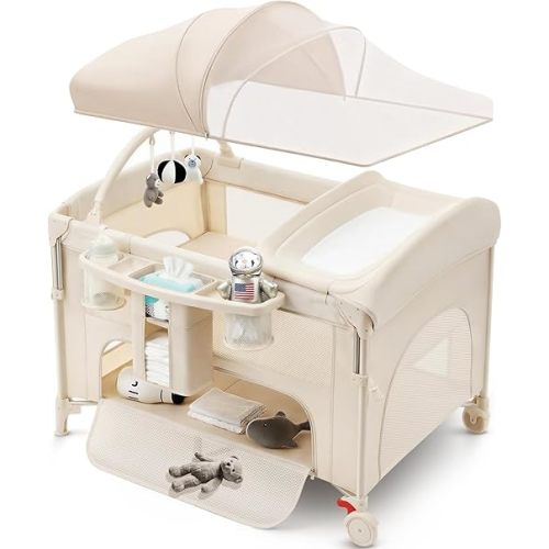 4 in 1 Baby Bassinet Bedside Crib with One-Hand Setup & Waterproof Mattress – ASTM-Certified Pack and Play, Portable Foldable Playard with Diaper Changer for Newborn to Toddler(Khaki)