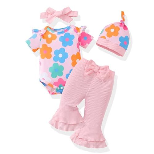 Renotemy Newborn Baby Girl Clothes Infant Romper Spring Summer Outfits Gifts Bell Bottoms Pant Sets for Girls Preemie-12Month