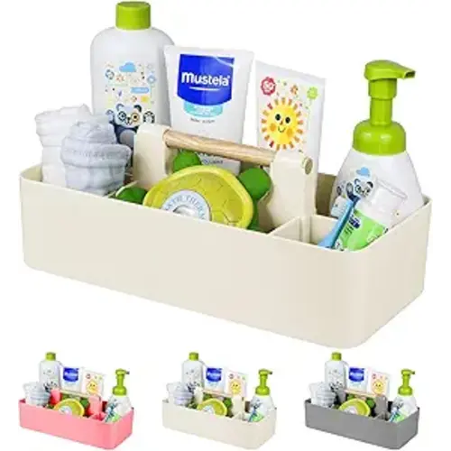 Baby Shower Caddy Plastic Nursery Portable Storage Organizer Caddy Tote for Child/Kids, Divided Basket Bin with Wood Handle for Bathroom, Dorm Room, Holds Hand Soap, Bottles, Spoons (Beige)