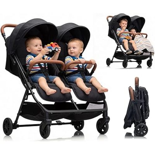Double Tandem Stroller for 2 Kids Side by Side(6-36 Months) - Ultra-Lightweight Self-Standing, Multi-Position Recline, UPF50+ Canopy, All-Terrain Shock Absorption, Large Storage, Easy Fold for Travel