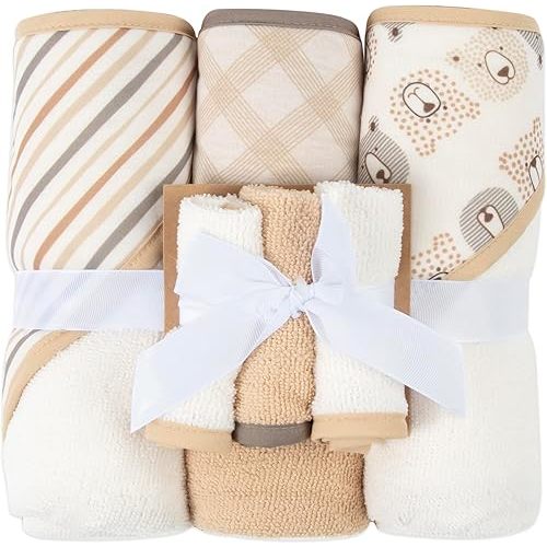 Hooded Baby Bath Towel and Washcloth 6 Piece Set for Newborns, Infants & Toddlers, Boys & Girls Baby Hooded Towels Set (Teddy Bears & Stripes)