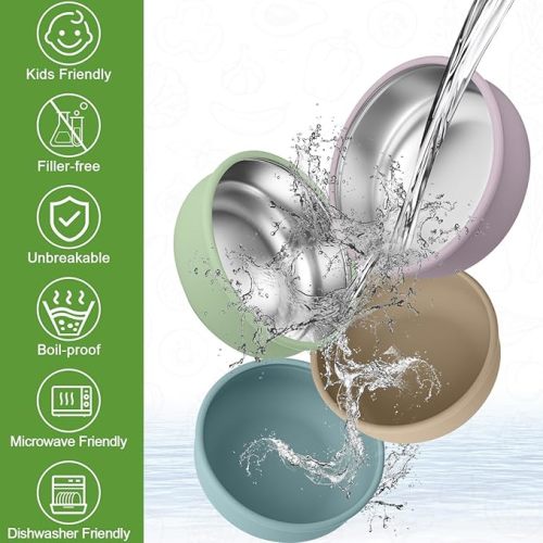 BUSOHA 4 Pack Stainless Steel Baby Bowls with Suction – 2-in-1 Toddler Feeding Plates Heat-Resistant Spill-Proof Suction Bowls for Kids Baby Toddler Food Feeding