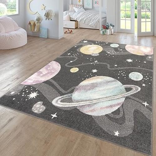 Paco Home Kids Rug Space Universe with Planets and Stars in Anthracite, Size: 6'7" x 9'2"