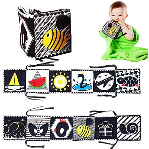 XXKJSZJQ Black and White High Contrast Soft Book for Baby, My First Sensory Toys Baby Early Education Cloth Book, Folding Infant Tummy Time Baby Crib Toys, Montessori Soft Baby Books Newborn Gift