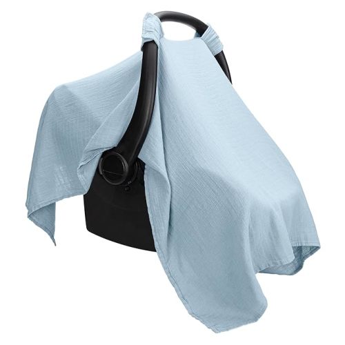 Comfy Cubs Baby Car Seat Cover - Soft, Breathable Bamboo Rayon and Muslin Cotton Blend - Lightweight Canopy for Sun, Bug, and Comfort Protection - Large Size Infant Seat Cover in Sky Blue Design