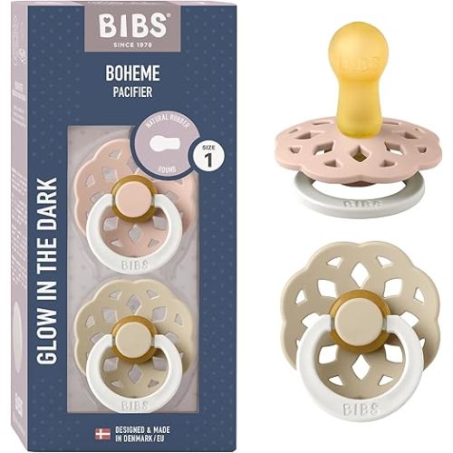 BIBS Pacifiers - Boheme Collection | BPA-Free Baby Pacifier | Made in Denmark | Set of 2 Blush Glow/Vanilla Glow Color Premium Soothers | Size 0-6 Months
