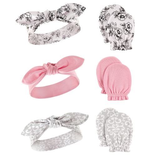 Hudson Baby Infant Girl Cotton Headband and Scratch Mitten 6pc Set, Toile, 0-6 Months - Toile