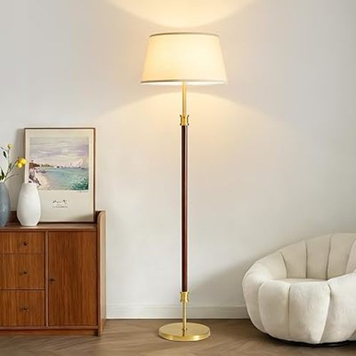 Modern Mid Century Wood Floor Lamp with Soft Linen Shade, 63” Tall Solid Wood & Brass Standing Lamp, Weighted Base, Warm Ambient Light for Living Room, Bedroom & Reading Corners (Solid Wood & Gold)
