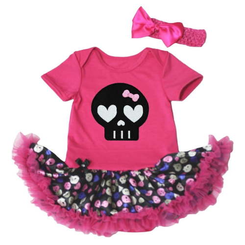 Petitebelle Black Skull Face Bodysuit Tutu Baby Dress Nb-18m (Hot Pink/Rainbow Skull, 0-3 Months)