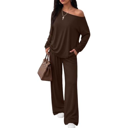 Trendy Queen 2 Piece Lounge Sets for Women 2026 Fall Outfits Sweat Sets | Off The Shoulder Oversized Tshirts & Wide Leg Pants with Pockets, Airport Travel Outfits, Fall Fashion Clothes Matching Sets