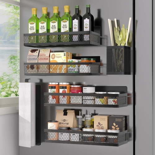 Magnetic Spice Rack Organizer, AOKIWO 6 Pack Moveable Fridge Spice Shelves for Refrigerator, Strong Magnetic Metal Refrigerator Shelf Organizer with Paper Towel Holder, Utensils Holder, Black