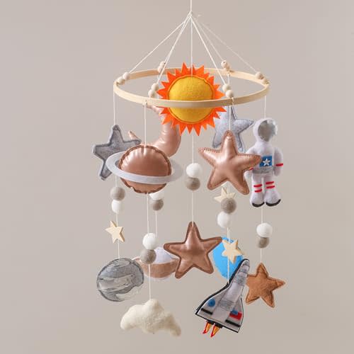 Space Baby Crib Mobile, Handmade Felt Astronaut, Rocket and Planets | Soft Felt and Smooth Beech Wood, Encourages Visual Tracking, Mobile Arm Not Included