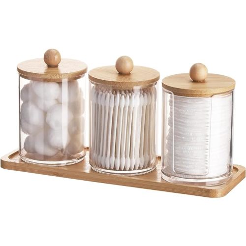 Tbestmax 10 oz Qtip Holder with Vanity Tray, 3 Pack Cotton Swab/Ball/Pad Dispenser Apothecary Jar, Clear Bathroom Containers Dispenser for Storage Bamboo Lids