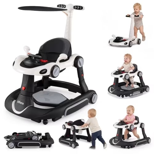 OLAKIDS 6-in-1 Baby Walker, Converts Push Car to Bouncer, Rocker with Music, Lights, Adjustable Height & Speed, Activity Center, Canopy for 7-18 Months