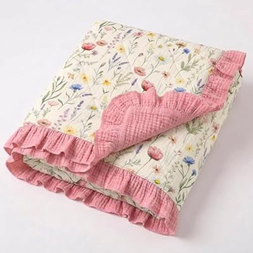 Wild Flowers Muslin Baby Blankets for Girls, 100% Cotton Crib Blanket for Infant Toddler, 40"x36" Super Soft Lightweight Nursery Swaddling Wrap, Floral Pink Reversible & Breathable Bedding Blankets