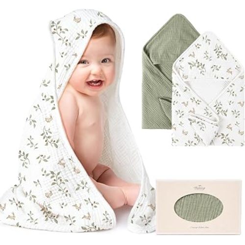 Konssy 2-Pack 100% Muslin Cotton Hooded Baby Bath Towels for Boys and Girls