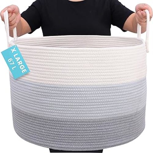 OrganiHaus Large Woven Storage Basket for Blankets and Toys 20" x 13" Inch, Rope Laundry Basket with Handles, Cushions & Pillows Storage Bin, Nursery Hamper, Soft Round Dog Toy Bin - Gray