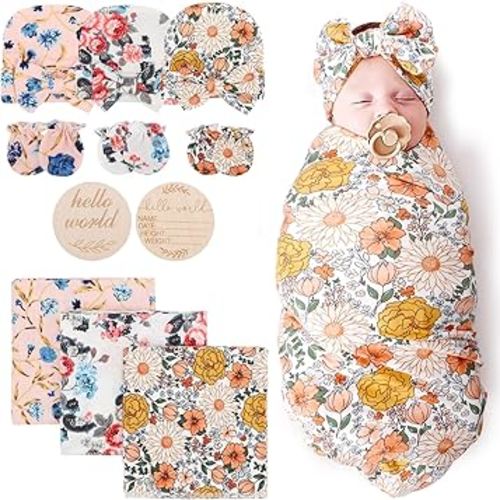 DRESHOW BQUBO Floral Swaddles for Baby Girl Newborn Receiving Blanket with Bow Hat Mittens Wooden Birth Announcement Card Set Baby Floral Print Swaddle Nursery Swaddle Wrap
