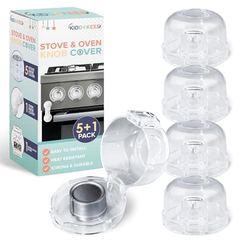 Child Proof Stove Knob Covers (Pack of 5) & Oven Lock - Double Key Design Standard Size 2.1"High x2.4"Wide Stove Knob Covers for Child Safety - Stove Knob Locks for Gas Or Electric Burners- Clear