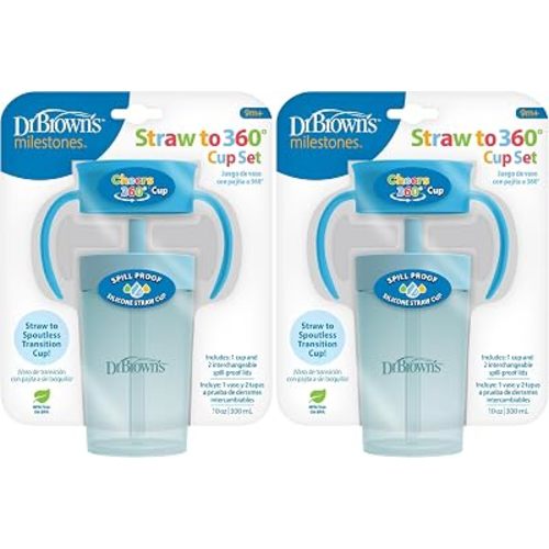 Dr. Brown's Milestones Straw to 360 Convertible Toddler Training Cup Set with Interchangeable Silicone Straw and 360 Degree Cup Lids, Blue Ocean, 10 oz/300 mL, BPA-Free, 9m+, 2-Pack