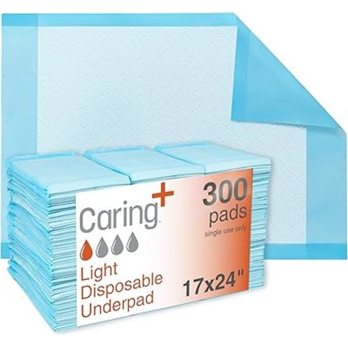 Caring Disposable Underpads, Baby Changing Liner Pads, Light Absorbency, 17 x 24 in, 300-Pack