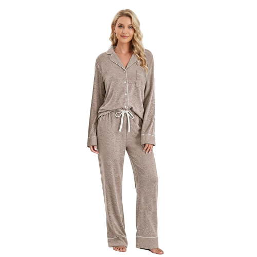 Neweven Long Sleeve Pajama Set for Women - Soft Warm Button Down 2 Piece Lounge Sleepwear(Brown,M)