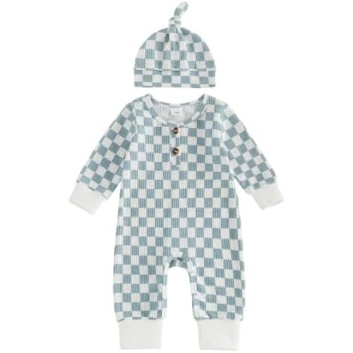 Baby Boy Girl Checkered Romper Newborn Waffle Long Sleeve Jumpsuit and Hat