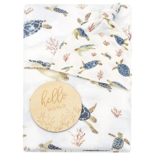 LifeTree Muslin Swaddle Blankets, Muslin Baby Boy Swaddle Blanket and Hat Set with Birth Announcement Card, Newborn Unisex Neutral Receiving Blankets Sea Turtle Pattern
