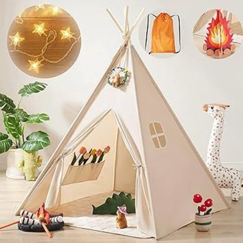 Tiny Land Teepee Tent for Kids with Star Lights, Foldable Play Tent for Girls & Boys, Washable Indoor Toddler Tent, Cozy Warm Reading Nook & Room Decor