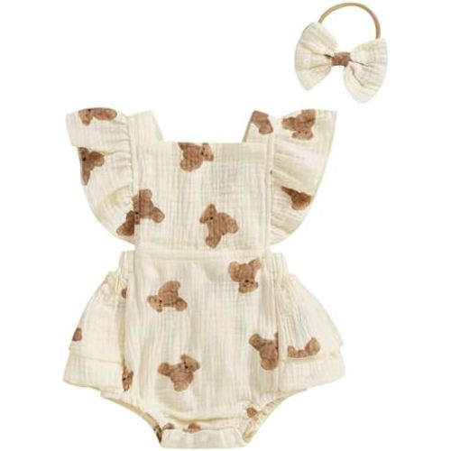 Mubineo Baby Girl Summer Clothes Cute Bear Romper Outfits Sleeveless Overalls Ruffle Rompers Skirt Dress Newborn Outfit