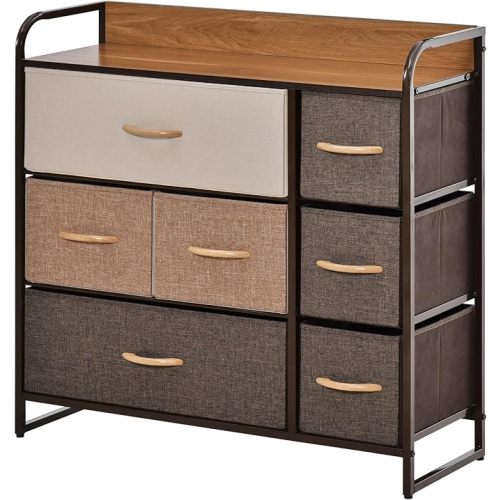 HOMCOM 7-Drawer Dresser, Fabric Chest of Drawers, 3-Tier Storage Organizer for Bedroom Entryway, Tower Unit with Steel Frame Wooden Top, Maple Wood