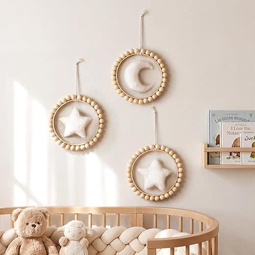 Wenqik 3 Pcs Boho Moon and Stars Wall Decor Nursery Wall Decors Wooden Bead Garland with Felt Centerpieces for Nursery, Farmhouse Style Hanging Decoration