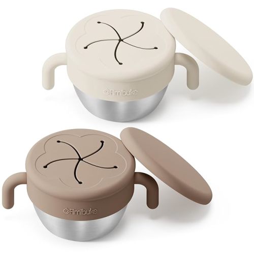 Fimibuke Snack Containers for Toddlers Kids, 12 OZ Spill Proof Stainless Steel Baby Snack Cups with Removable Silicone Food Catcher, Handles & Travel Lid BPA-Free Dishwasher Safe Food Container 2 Pack