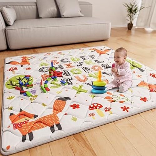 Baby Play Mat 50x50 Playpen Mat Upgraded Thicker Baby Floor Play Mat Cushioned Anti- Slip Crawling Mat Waterproof Activity Playmat for Babies Toddlers Infants Tummy Time(50x50, Letter Fox)