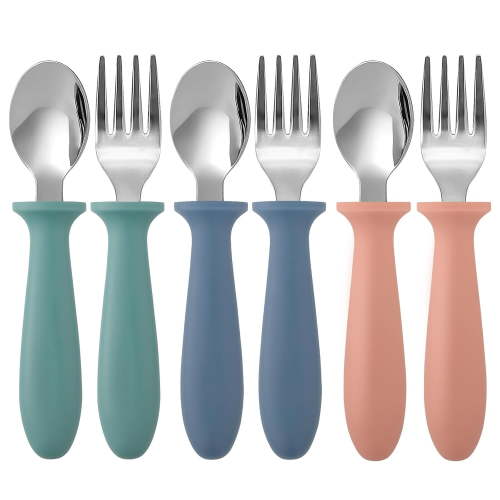 Hltser 6 Pieces Toddler Utensils Forks and Spoons Kids Silverware Set with Plastic Handle Stainless Steel Toddler Silverware Dishwasher Safe