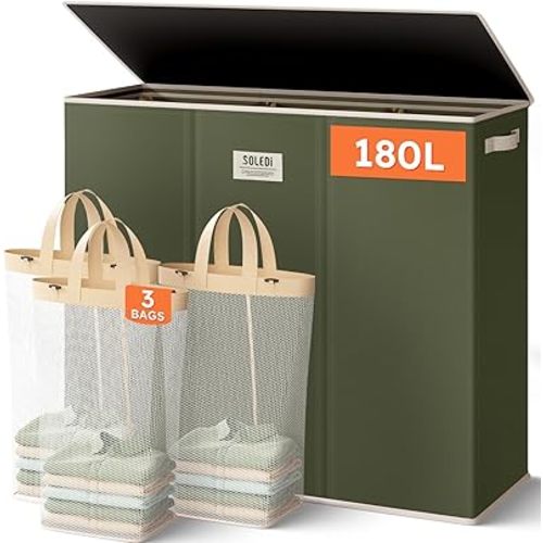 SOLEDI 180L 3-Section Laundry Hamper with Lid, Extra Large Dirty Clothes Basket with Sturdy Handles for Laundry Room & Bedroom - Durable Organizer for Sorting Laundry