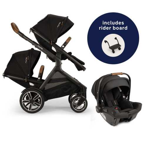 Nuna DEMI Next Double Stroller with Rider Board + PIPA urbn Baseless Infant Car Seat Travel System Bundle - Caviar