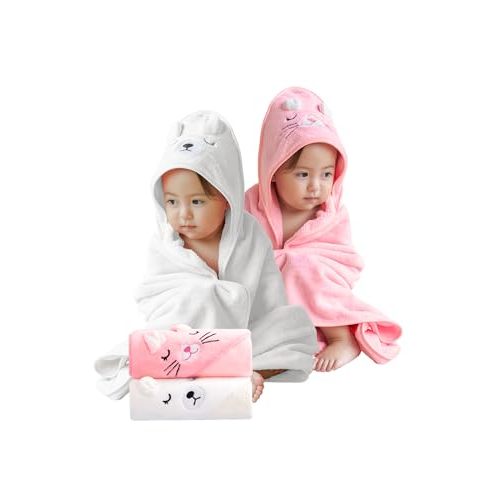 Baby Bath Towel,2 Pack Hooded Babie Towels for Newborn,Infant,Toddler,Ultra Absorbent Soft (White Bear+Pink cat)