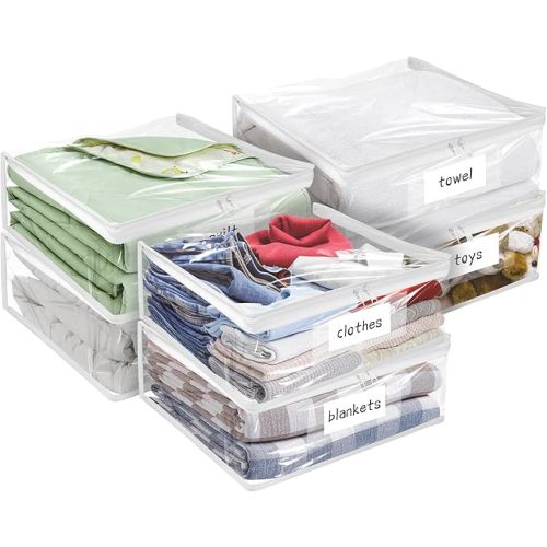 Plastic Storage Bags with Easy-Glide Zipper, Pack of 6, Durable Clear Vinyl Zippered Storage Bags for Clothes Sweaters Comforters Blankets Sheets Bedding (15.7 x 13.8 x 3.9 Inch, White)