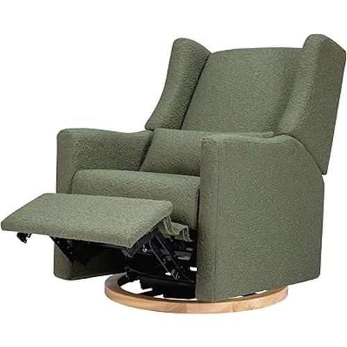 Babyletto Kiwi Glider Recliner Nursery Chair w/USB Ports - GREENGUARD Gold Certified - Water & Stain Resistant Glider Rocking Chair - Electronic, 270° Swivel, Olive Boucle w/Light Wood Base