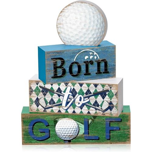 4Pcs Golf Wooden Table Decor Sports Theme Rustic Farmhouse Tiered Tray Decorations Golf Table Centerpieces Sports Wooden Block Signs for Boys Game Room Office Home Gift Party Decor