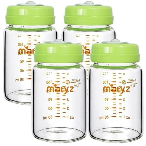 Matyz Glass Breastmilk Storage Bottles, 4-Pack (Green, 6oz Each), Wide Mouth Food-Grade Borosilicate, Leakproof for Spectra Medela Philips Breast Pumps, Travel, Camping