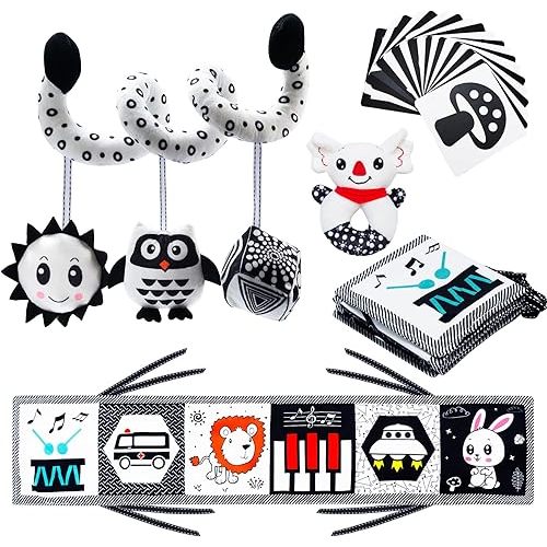 CYZAM 4 in 1 Black and White High Contrast Baby Toys Tummy Time for 0-3 Months Newborn, Sensory Infants Montessori Toys 0-6 Months Early Learning Brain Development